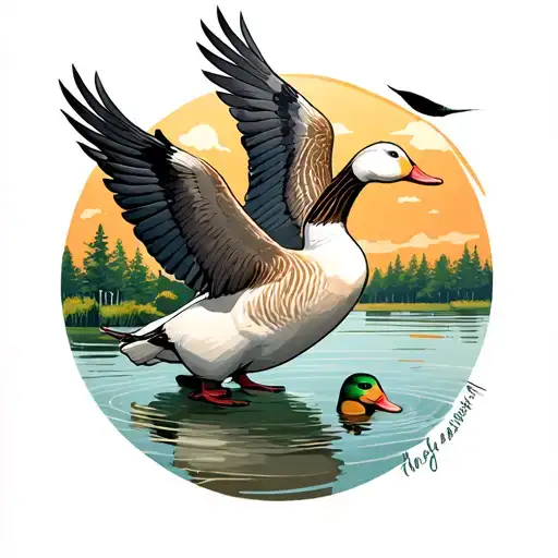 Goose And Duck Flying With Pond And Trees