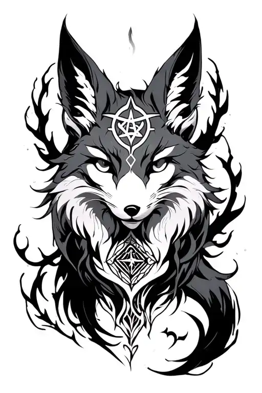 A Detailed Sketch Of A Professional Tattoo Of A Seven-tailed Fox With Occult Symbols