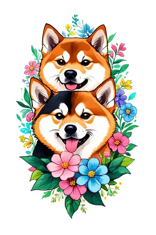 Cute Shiba And Akita Inu With Flower Motives Around Them