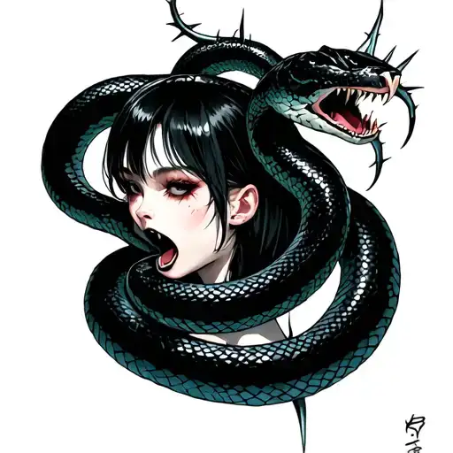 Goth Girl With Snake Intertwined With Mouth Open And Thorns
