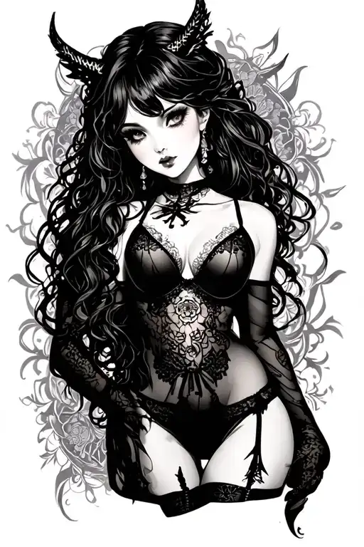 Sigilism Style Tattoo With Girl In Lingerie Demoness Black Good Quality