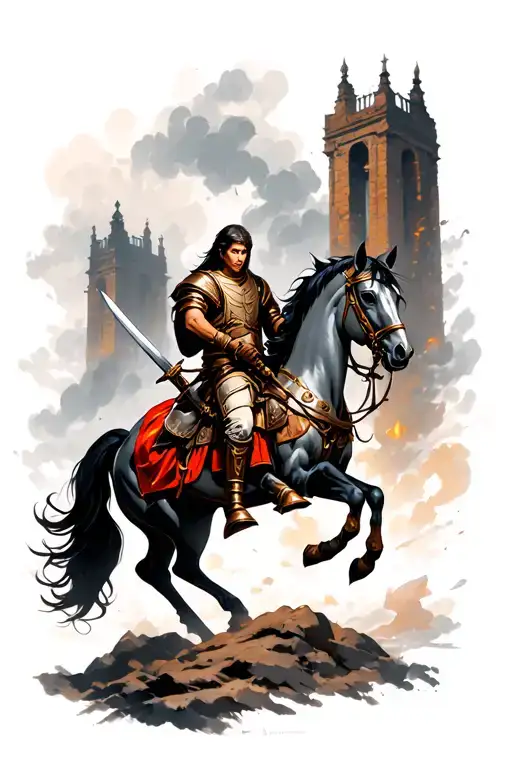 I Want Warrior With A Horse And Sword With Ancient Building And Some Dangerous Weather