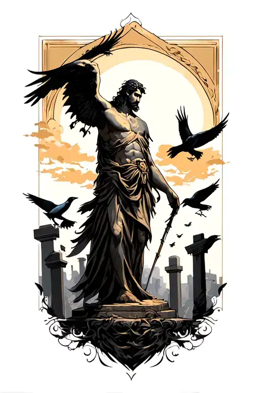 Dark Greek God Erebus Over Looking A Graveyard Filled With Crows