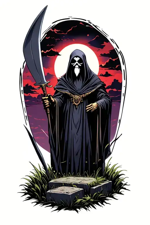 Grim Reaper Holding His Sythe Over Grave Yeard With Dark Purple And Red Skys