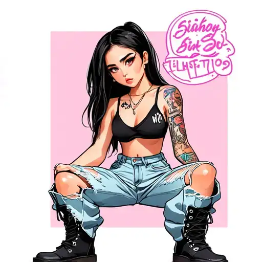 Caricature Girl Wearing Light Denim Baggy Ripped Pants With Combat Boots