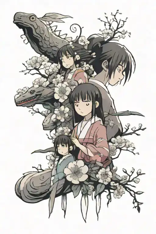 Spirited Away Characters Surrounded By Flowers