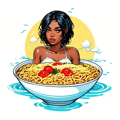 Black Woman Bathing In A Ramen Bowl Filled