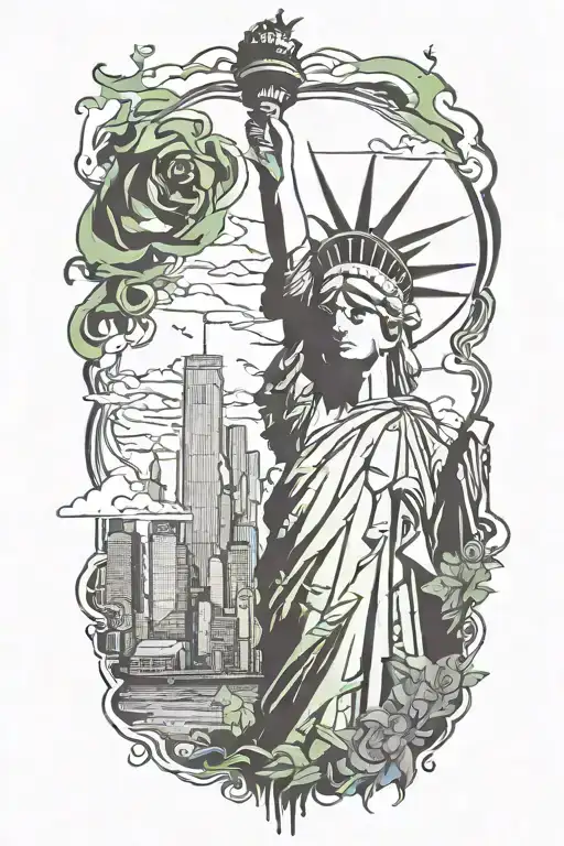 Nyc Skyline With Statue Of Liberty Face Anime Inspired