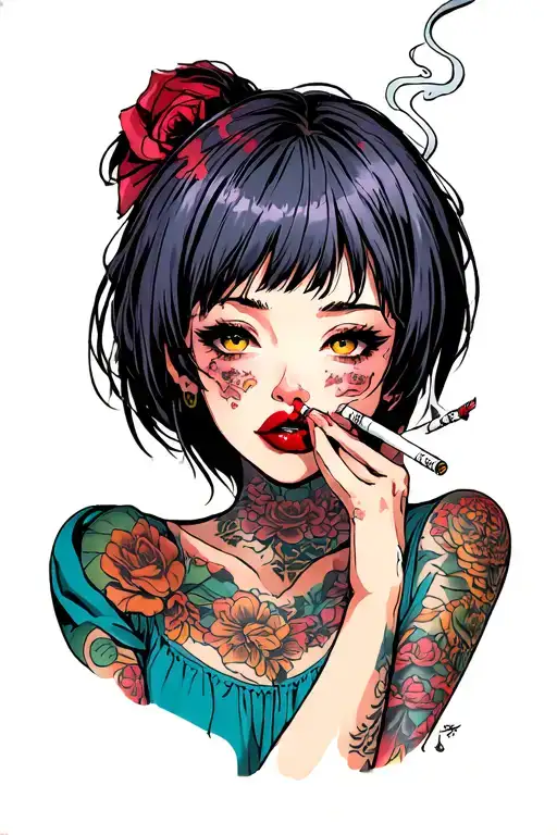 Girl With Plump Lips Smoking Cigarette