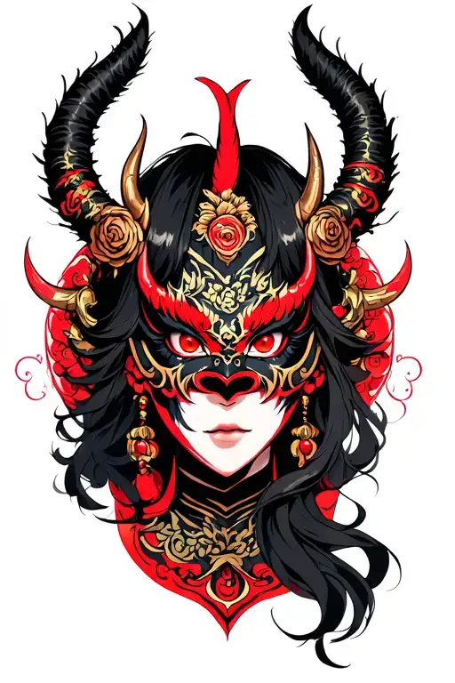 Female Oni With Hannya Mask Covering Bottom Half Of Face
