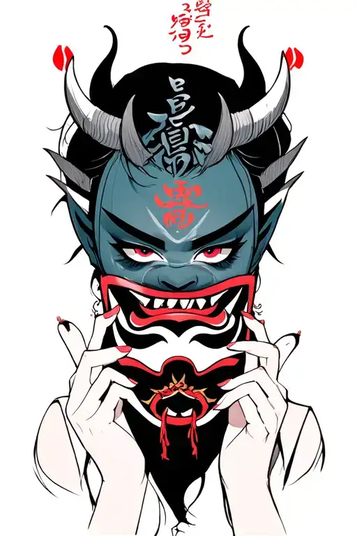 Female Oni Holding Hannya Mask Covering Bottom Half Of Face With Japanese Background Elements