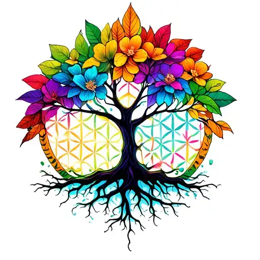 Tree With Colorful Leaves And Roots With The Flower Of Life In The Background