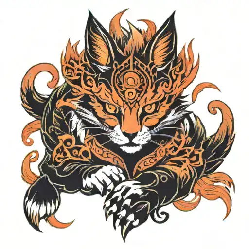 Mythical Cat With Kitsune Mask And Nine Tails Chakra Mode