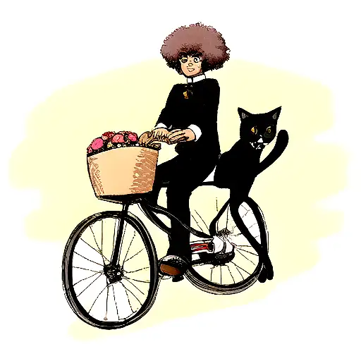 Black Boy With An Afro Hair Rides A Bike With A Black Cat In Its Basket