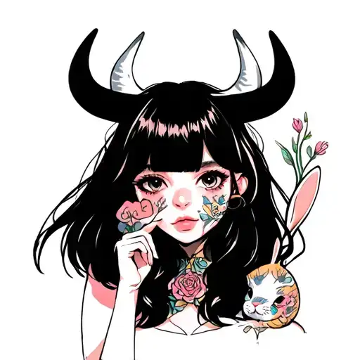 Girl With Bull Horns And Rabbits