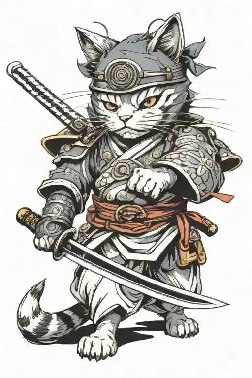 Cat Samurai Holding A Katana With Both Hands Pointinf Forward