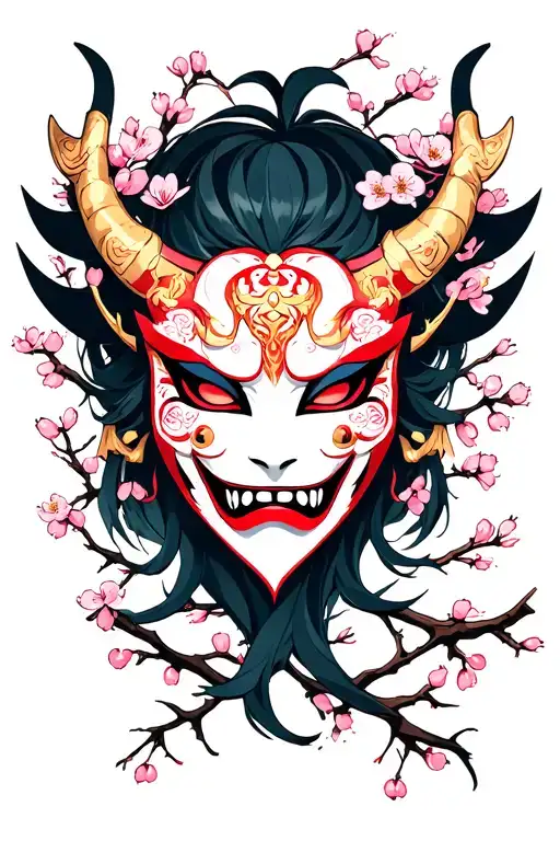 Oni Mask With Cherry Blossom Branches