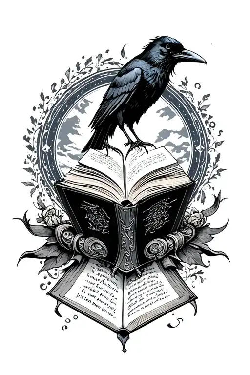 Raven Reading Book In Circle Vith Wiking Inscriptions Clear Lines Betwen Shadows