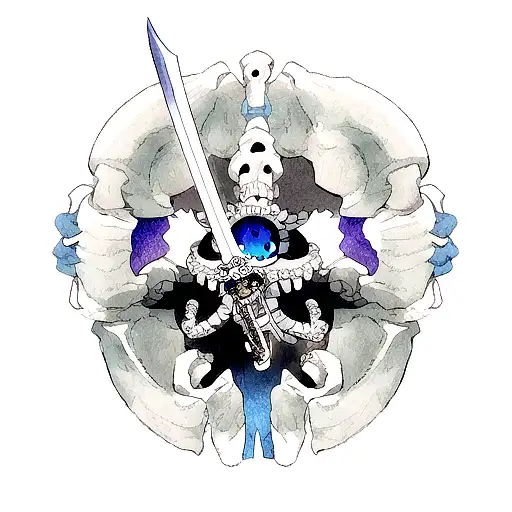 One Blue Eyed Kracken Holding A Sword With Skulls On It