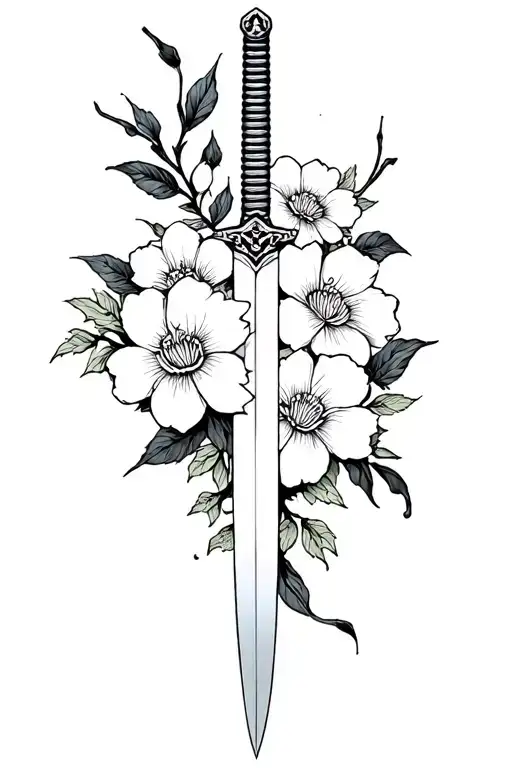 Katana And Flowers Fine Line