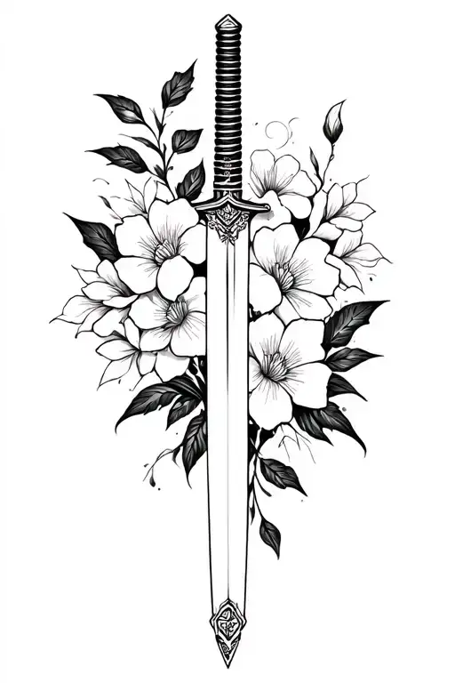 Katana And Flowers Fine Line
