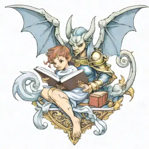Female Gargoyle Warrior Reading With Her Baby