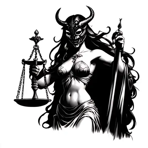Lady Justice Wearing Oni Mask Holding A Scale
