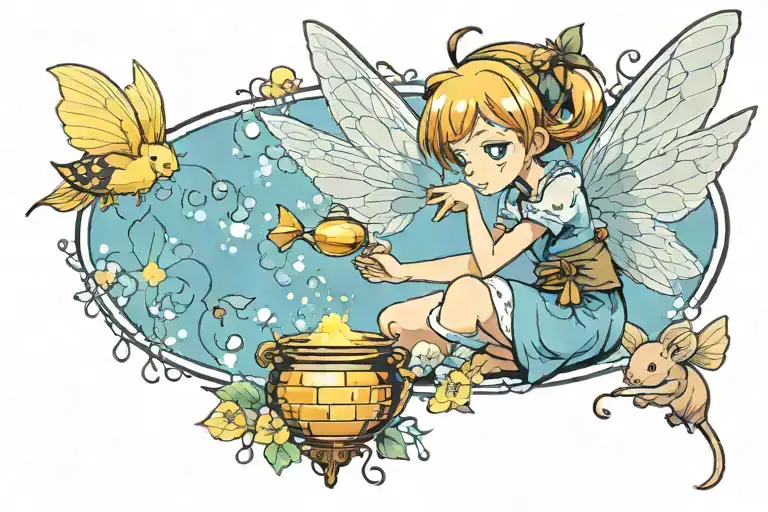 Small Flying Girl Fairy Feeding A Mouse A Drop Of Honey