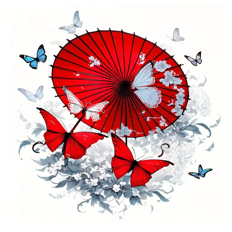 Red Chinese Umbrella And Silver Butterflies Flying