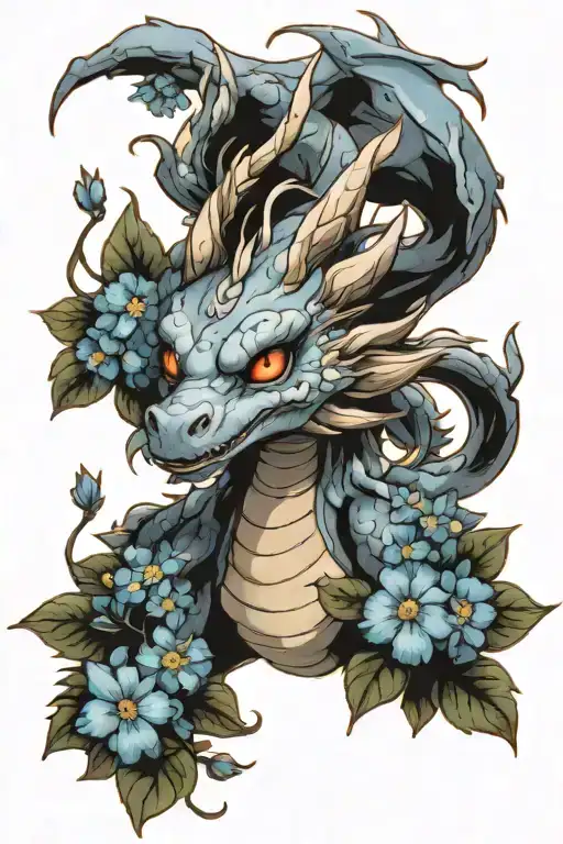 Smokey Dragon With Small Blue Flowers Growing
