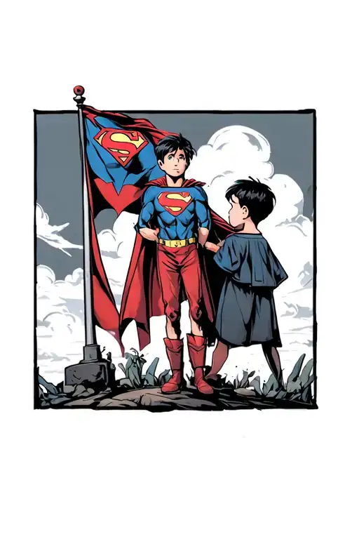 Anime Style Tattoo Of Kid Standing Flagpole With Superman Flag