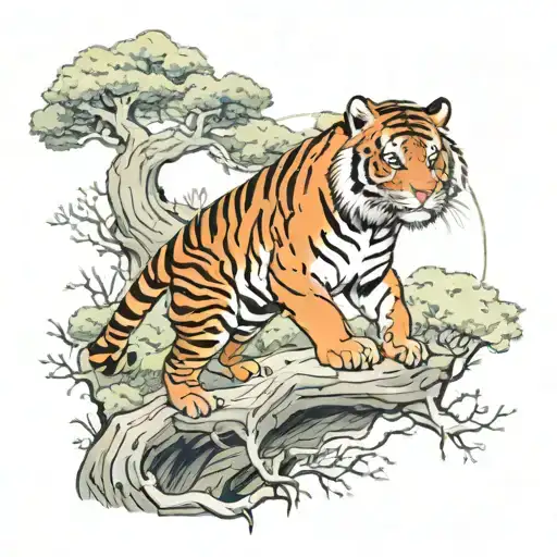 Forest Scene With A Tiger Sitting In A Tree In A With A Japanese Dragon Flying In The Background