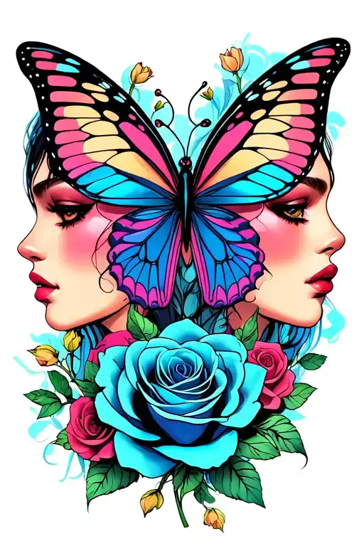 Gemini Faces With Butterfly And Rose