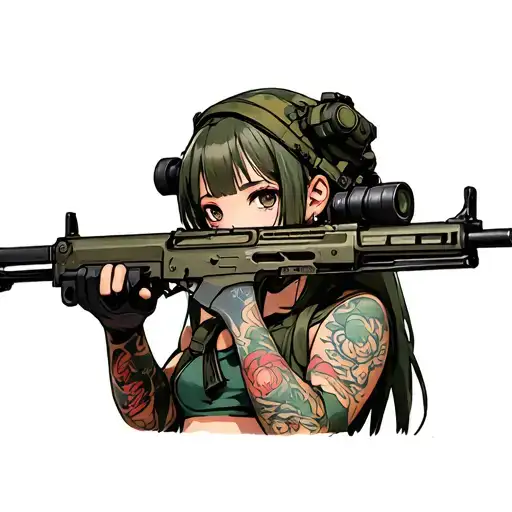 Anime Girl With Automatic Ak 47 In The Form Of Military