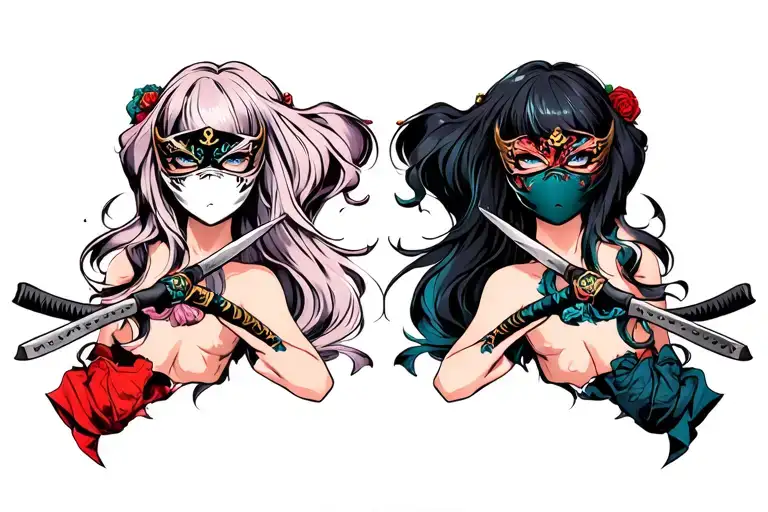 Two Girls In Masks Crossed Katans