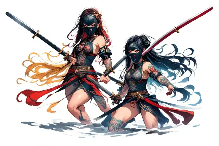 Two Girls In The Masked Hani Crossed The Katans Among Themselves In The Battle