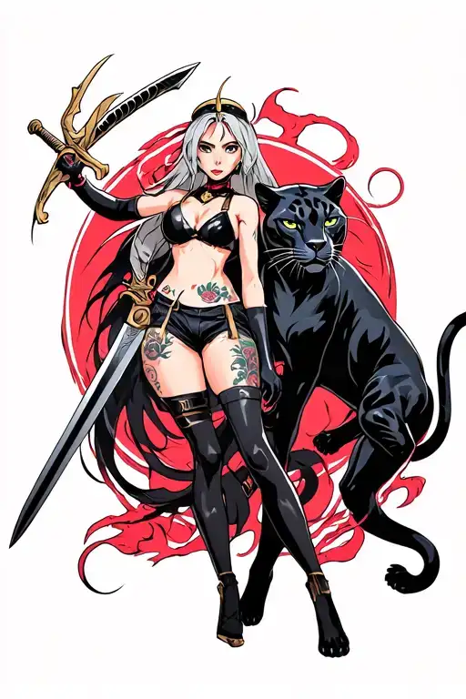 Anime Woman Holding A Sword With A Black Panther Next To Her