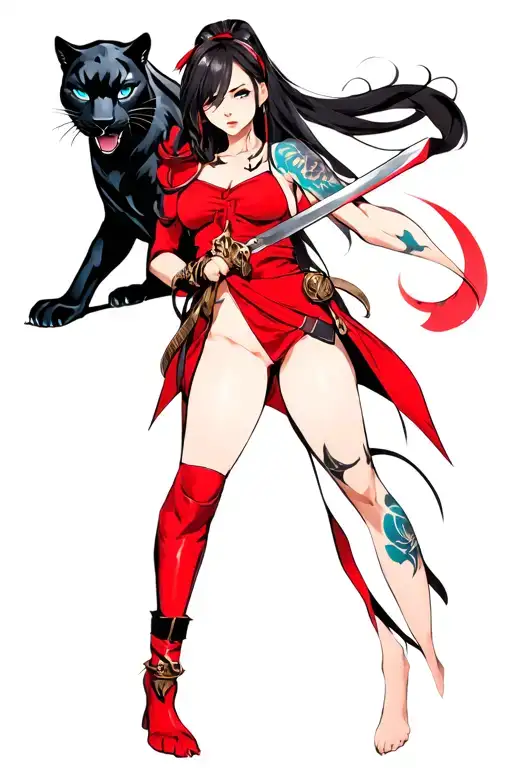 Anime Woman Holding A Sword And Dressed In Red With A Black Panther With Blue Eyes Next To Her