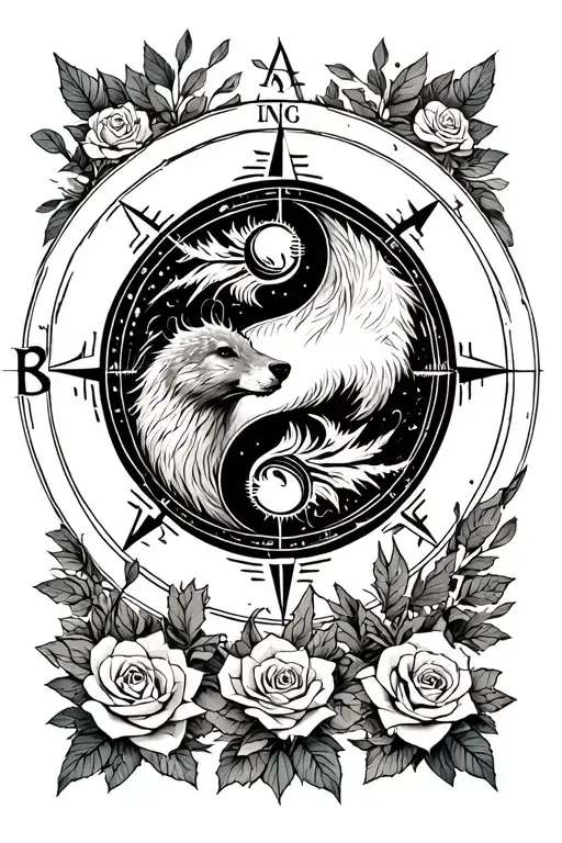 Ying Yang Of Mongoose And Bear With Moutain And Rose Compass Background