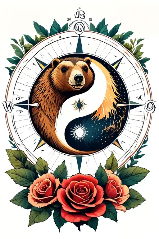 Ying Yang Of Mongoose And Bear With Moutain And Rose Compass Background