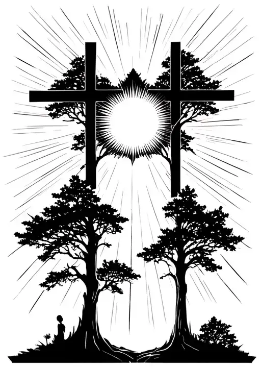 Trees With Sun Rays Emanating Through In Shape Of A Cross