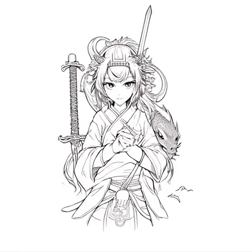 Samurai Girl With A Sword In Her Hands And A Dragon Around