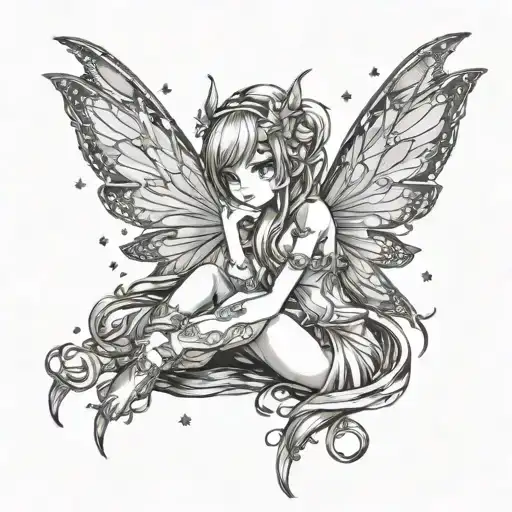 Fantasy Fairy Sitting Gazzing Up At Stars Shining