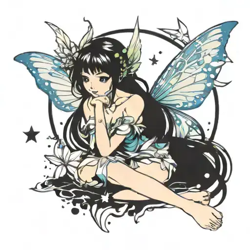 Fantasy Fairy Sitting Gazzing Up At Stars Shining