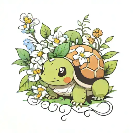 Turtwig Resting On Flowers