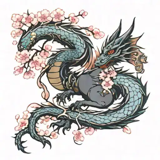 Dragon With Cherry Blossom Tree