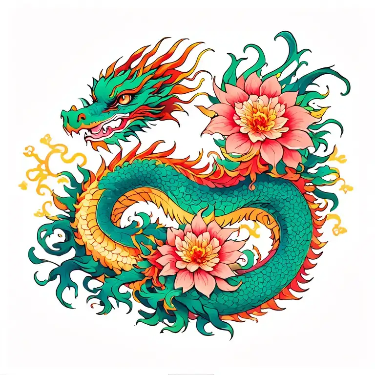 Chinese Dragon On Back With Flowers Intertwined