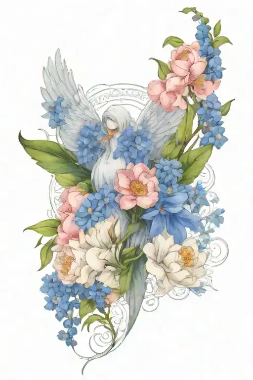 Angel Wings Surrounded By Larkspur And Peony Flowers