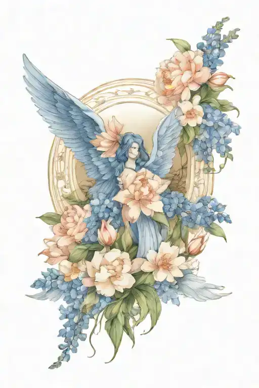 Angel Wings Surrounded By Larkspur And Peony Flowers