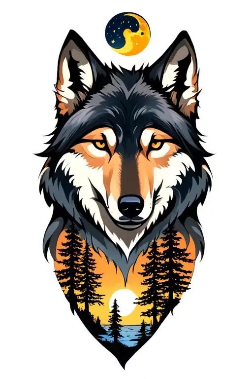 Wolf Face With A Moon Above And Trees Below
